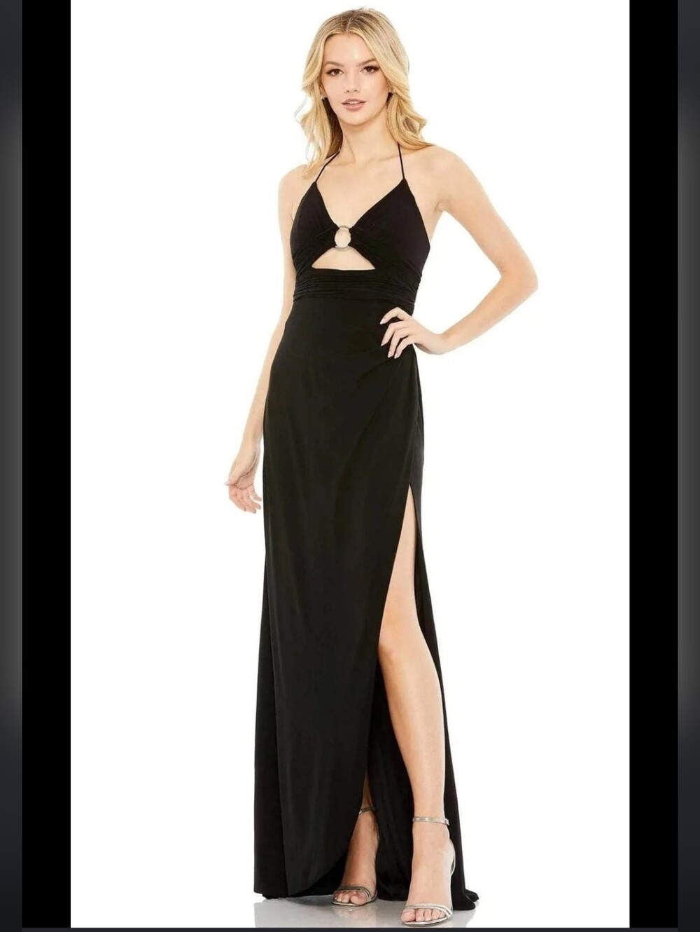 Mac Duggal Black Halter Maxi Gown with Front Ring